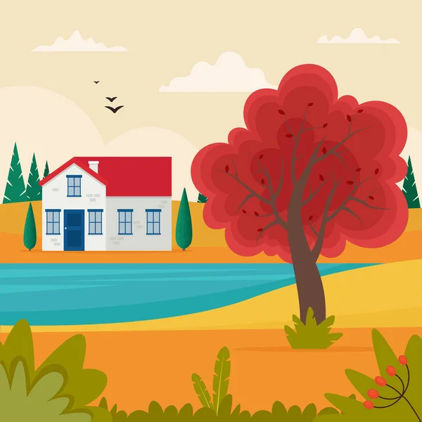 Paysage d'automne avec jolie petite maison sur colline. Illustration vectorielle mignonne dans un style plat — Image vectorielle