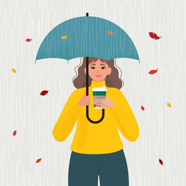 Girl with umbrella. Young Woman under an umbrella in the rain at autumn. Vector flat illustration — Stock Vector