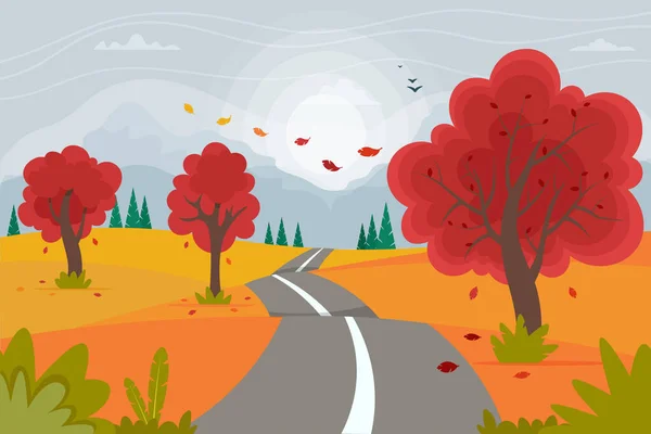 Mignon paysage de route d'automne avec des montagnes. Illustration vectorielle en style plat — Image vectorielle