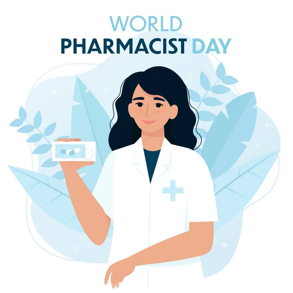 A gyógyszerész világnapi kártyája női gyógyszerésszel. Vektor illusztráció lapos stílusban — Stock Vector