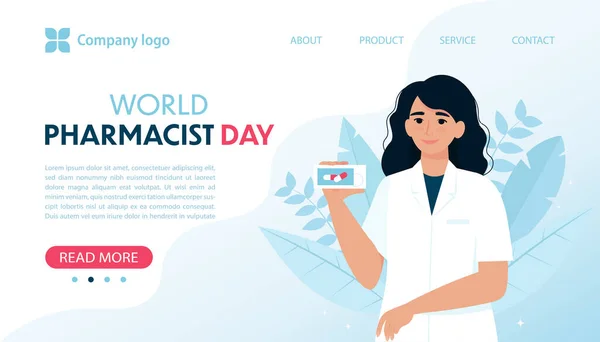 Banner dia farmacêutico mundial com farmacêutico feminino. Ilustração vetorial em estilo plano para landing page, site —  Vetores de Stock