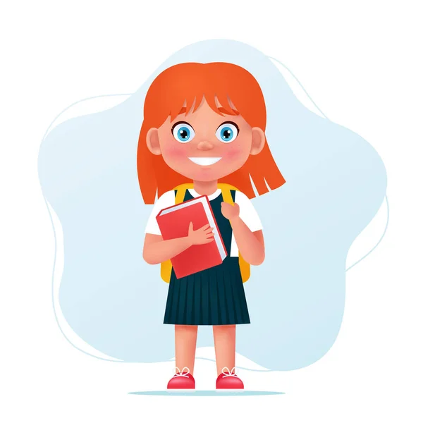 Personagem menina da escola em uniforme com livro e mochila. Criança gira, de volta ao conceito da escola. Desenhos animados ilustração vetorial —  Vetores de Stock