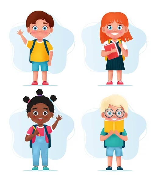 Alunos Meninas e meninos com bolsas escolares, livros e lápis. Personagens de crianças da escola feliz. De volta ao conceito de escola. Ilustração vetorial em estilo cartoon —  Vetores de Stock