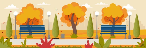 Paysage automnal avec bancs, lampadaires dans le parc et arbres jaunis. Concept de saison d'automne. Illustration vectorielle dans un style plat, modèle de fond — Image vectorielle