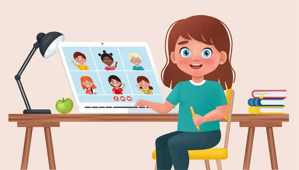 Happy cute little kid tem videoconferência com colegas de classe no laptop. Escola online, educação em casa conceito. Ilustração vetorial em estilo 3D de desenho animado —  Vetores de Stock