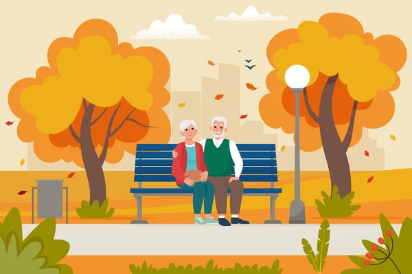 Mignon Couple Âgé Assis Sur Banc Dans Parc Automne Illustration — Image vectorielle