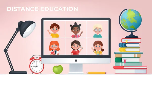 Videoconferência Com Crianças Escola Conceito Educação Online Ilustração Vetorial Desenho —  Vetores de Stock
