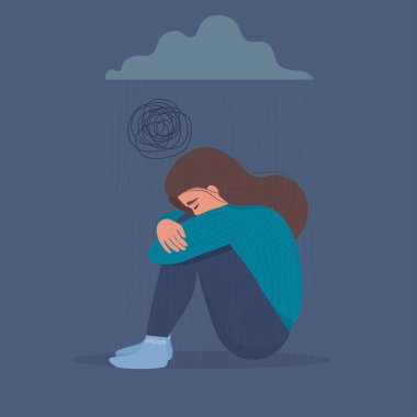 Bunalımda, üzgün, mutsuz, üzgün, ağlayan kadın yağmurla kara bulutların altında oturuyor. Psikoloji, depresyon, kötü ruh hali, üzüntü, genel kayıp, stres. Düz vektör illüstrasyonu