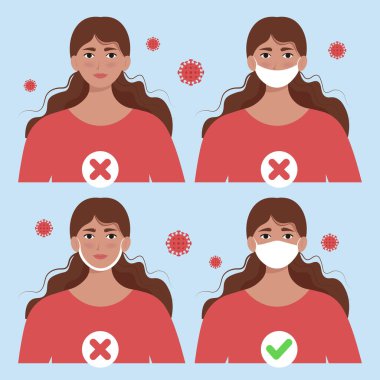 Nasıl düzgün ve doğru bir şekilde maske takılacağını. Coronavirus COVID-19 koruma konsepti. Maskeli bir kadın. Düz biçimli vektör illüstrasyonu