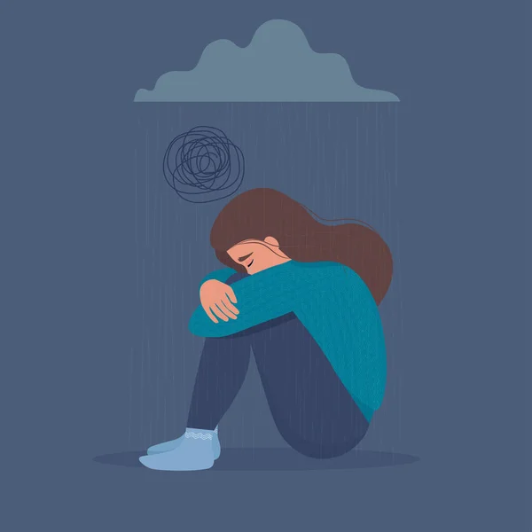 Bunalımda, üzgün, mutsuz, üzgün, ağlayan kadın yağmurla kara bulutların altında oturuyor. Psikoloji, depresyon, kötü ruh hali, üzüntü, genel kayıp, stres. Düz vektör illüstrasyonu