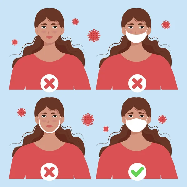Nasıl Düzgün Doğru Bir Şekilde Maske Takılacağını Coronavirus Covid Koruma — Stok Vektör