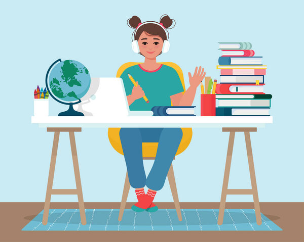 Smiling girl in headphones have online learning using laptop. Online education banner with girl studying with computer at home. Vector illustration in flat style