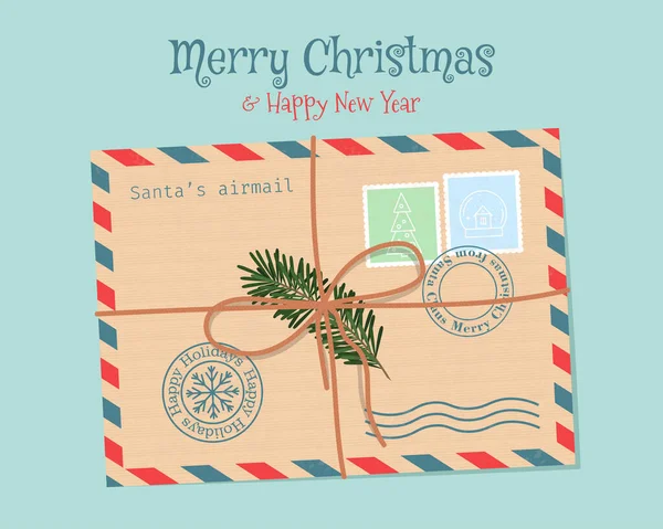 Christmas envelope with seals, stamps, and Christmas tree branch, tied with a rope. Cute vector illustration