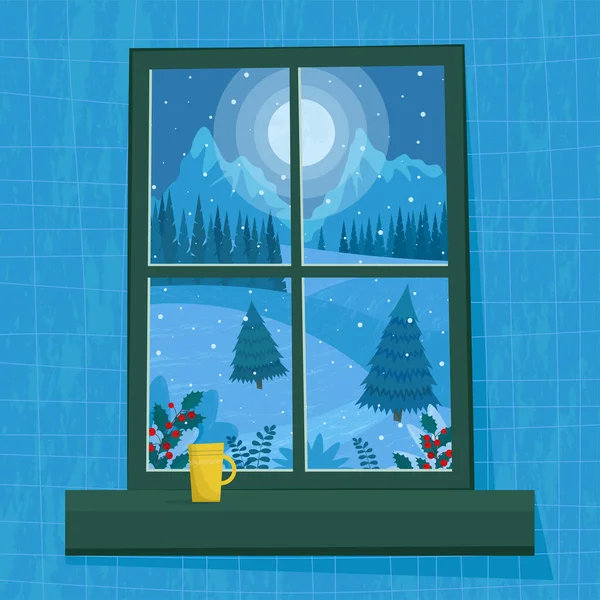 Okno Zimní Noční Krajinou Roztomilá Vektorová Ilustrace Plochém Stylu — Stockový vektor