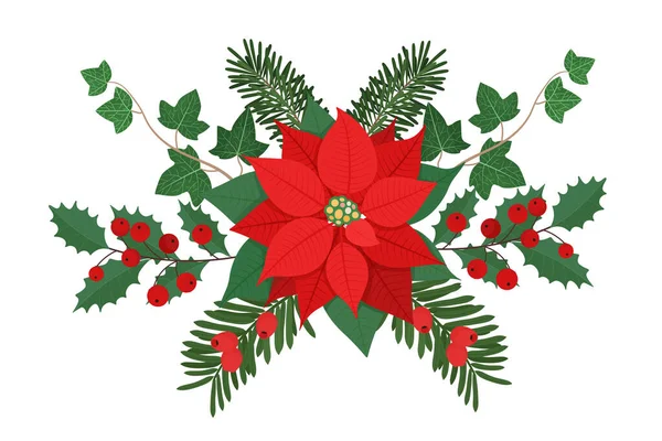 Рождественская Цветочная Композиция Зимними Растениями Ягодами Элемент Приглашения Плакат Баннер — стоковый вектор