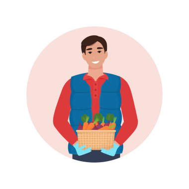 Sebzelerle dolu sepeti tutan çiftçi. Düz biçimli vektör illüstrasyonu