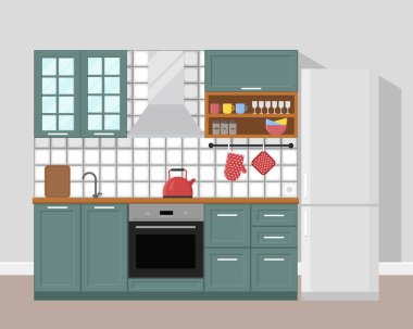 Mutfak, modern iç mekan, daire tasarımı. Düz biçimli vektör illüstrasyonu.