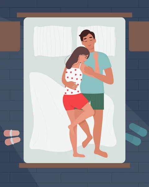 カップルの睡眠を愛し 一緒にベッドで抱き合っている フラットスタイルでかわいいベクトルイラスト — ストックベクタ