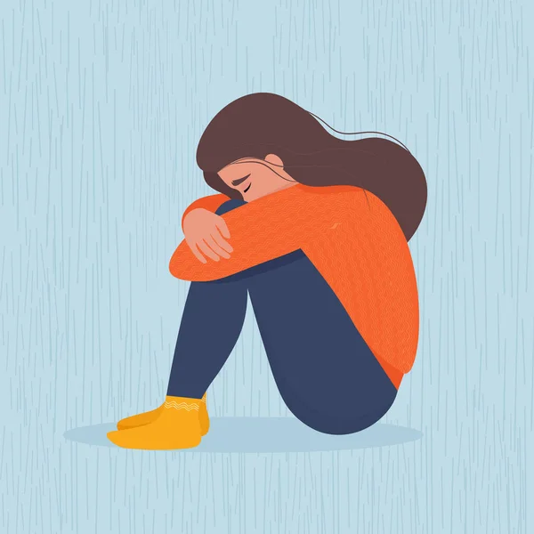 Triste Mujer Deprimida Sentada Abrazando Sus Rodillas Ilustración Vectorial Estilo — Vector de stock