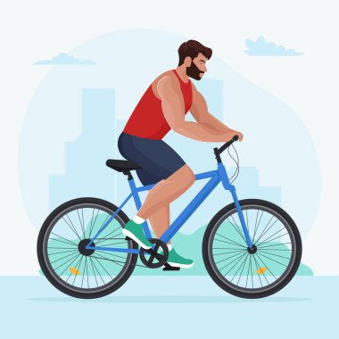 Adam bisiklete biniyor. Bisiklet süren bir sporcu. Düz biçimli vektör illüstrasyonu