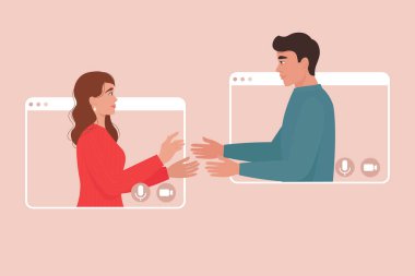 Video çerçeveli sevimli bir çift. Online randevu, doğum günü, Noel, yeni yıl, sevgililer günü. Toplantı, video konferansı konsepti