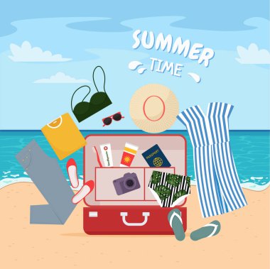 Kadın giysileri ve plaj arka planında seyahat eşyalarıyla dolu bagajları açın. Düz biçimdeki şirin vektör illüstrasyonu