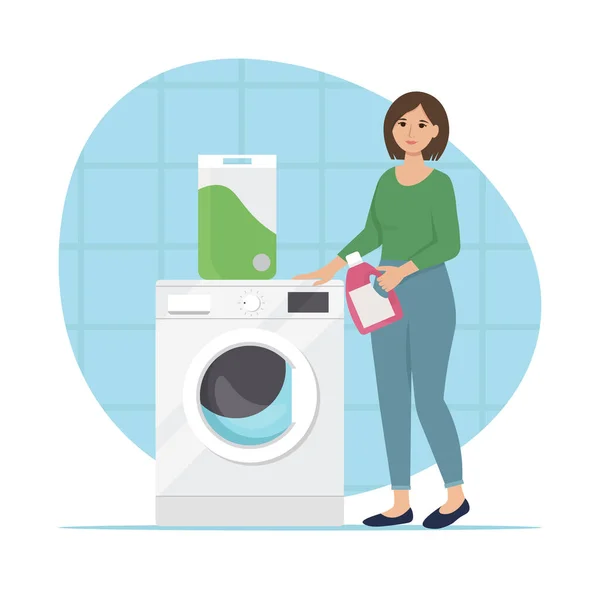 Woman Washing Powder Her Hands Washing Machine Housewife Concept Washing — 图库矢量图片
