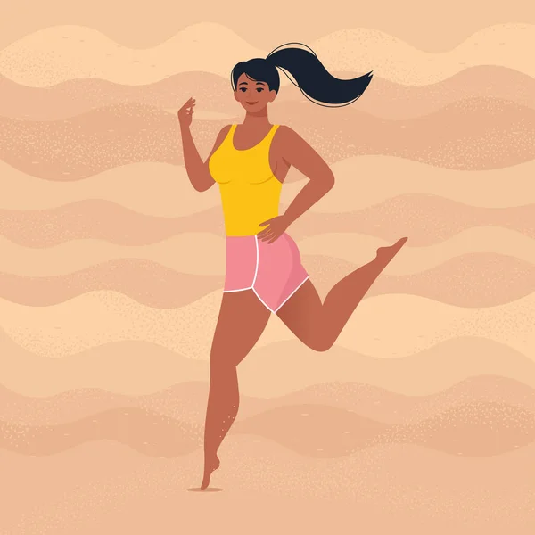 Kobieta Biegająca Piaszczystej Plaży Opalona Piękna Kobieta Ilustracja Izolowana Wektora — Wektor stockowy