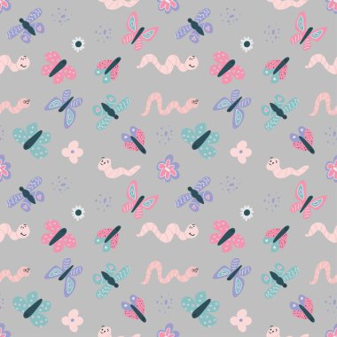 Şirin kelebekleri, solucanları ve çiçekleri olan kusursuz bir desen. Şirin İskandinav tarzında basit el çizimi vektörü
