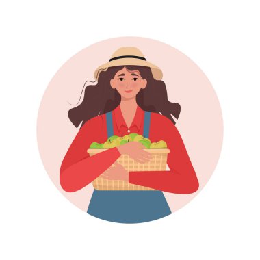 Elmalı hasır sepeti tutan kadın çiftçi. Düz biçimli vektör illüstrasyonu