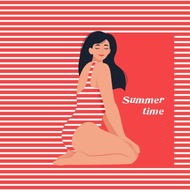 Kırmızı mayolu genç ve güzel bir kadın. Yaz zamanı, kendini sev, vücudunu sev, kendin ol, adet günleri, kadınların sağlık konseptleri. Retro biçiminde vektör illüstrasyonu