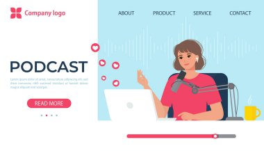 Dizüstü bilgisayarı ve kulaklığı olan bir kadın. Podcast, blog, röportajlar, web siteleri, online kurslar yaratma kavramı. Düz biçimli vektör illüstrasyonu, web pankartı şablonu, iniş sayfası