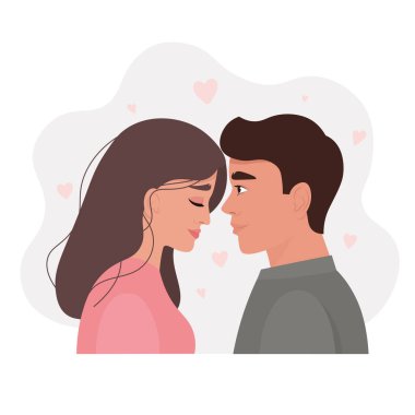 Aşık romantik bir çiftin portresi. Genç adam ve kadın, öpüşmeden önce. Bir ilişkideki şefkat ve tutkunun görüntüsü. Çizgi film düz stiliyle vektör illüstrasyonu
