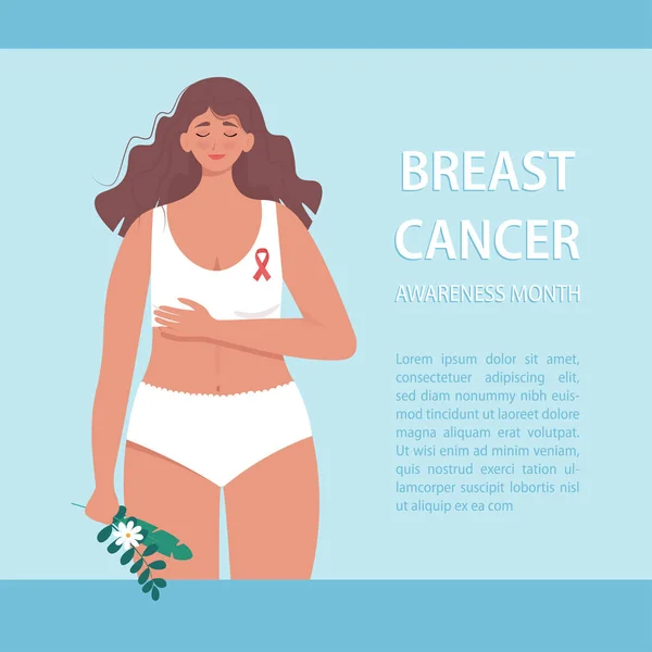 Mujer Joven Lencería Banner Del Mes Concienciación Sobre Cáncer Mama — Vector de stock