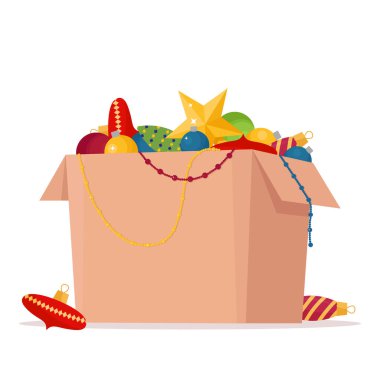 Noel süslemeleri toplarıyla dolu bir kutu. Düz bir şekilde vektör illüstrasyonu. Tatil öncesi zaman