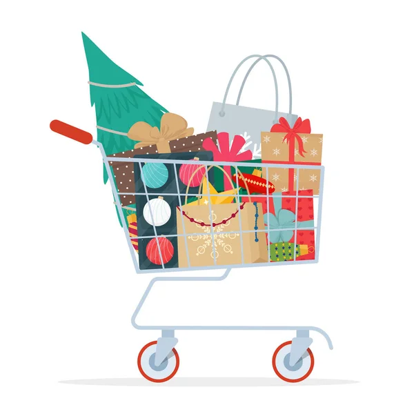 Trolley Full Christmas Presents Decorations Vector Illustration Flat Cartoon Style — Stock Vector