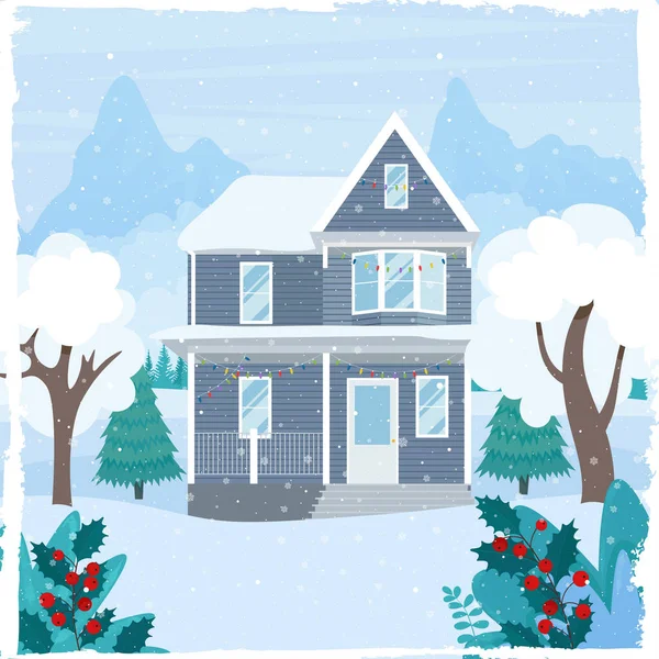 Cute House Decorated Christmas Winter Mountain Landscape Vector Illustration Flat — Stock Vector