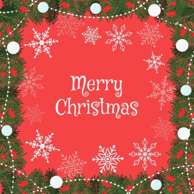 Çam dalları ve balo çerçeveli mutlu noel tebrik kartı ya da poster. Düz biçimli vektör illüstrasyonu