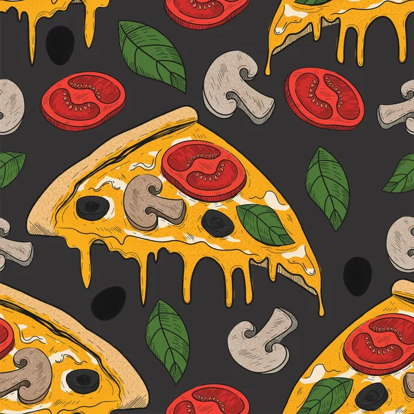 Rebanada Pizza Patrón Sin Costura Estilo Grabado Bocetos Ilustración Vectorial — Vector de stock