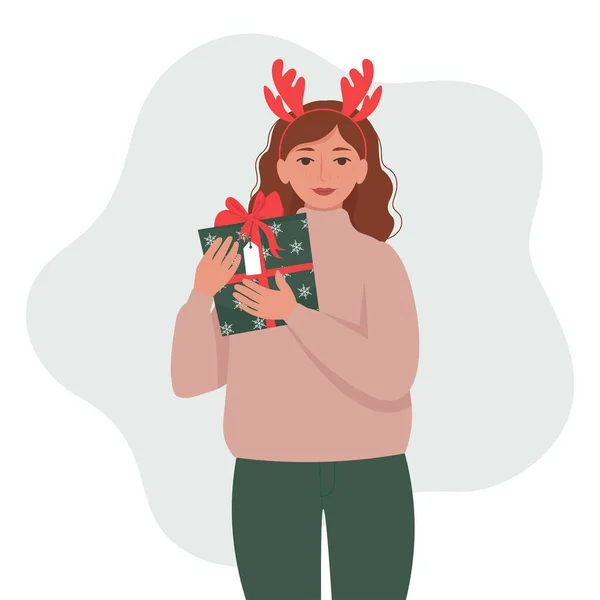 Woman Holding Gift Box Present Cute Vector Illustration Flat Style — Stock Vector