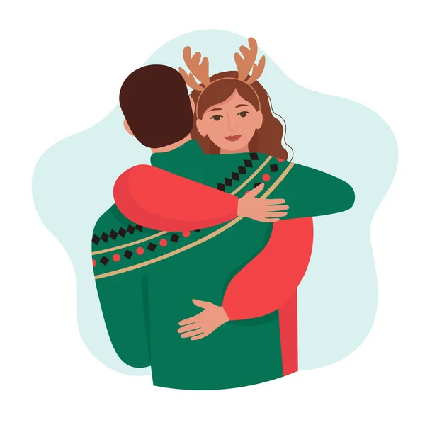 Man Vrouw Knuffelen Liefdevol Koppel Warme Winterkleding Vector Geïsoleerde Illustratie — Stockvector