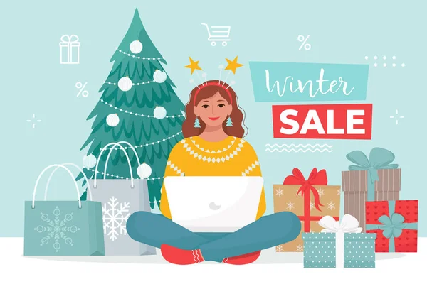 Kobieta Świątecznej Odzieży Kupuje Towary Sklepie Internetowym Domu Zimowa Wyprzedaż — Wektor stockowy