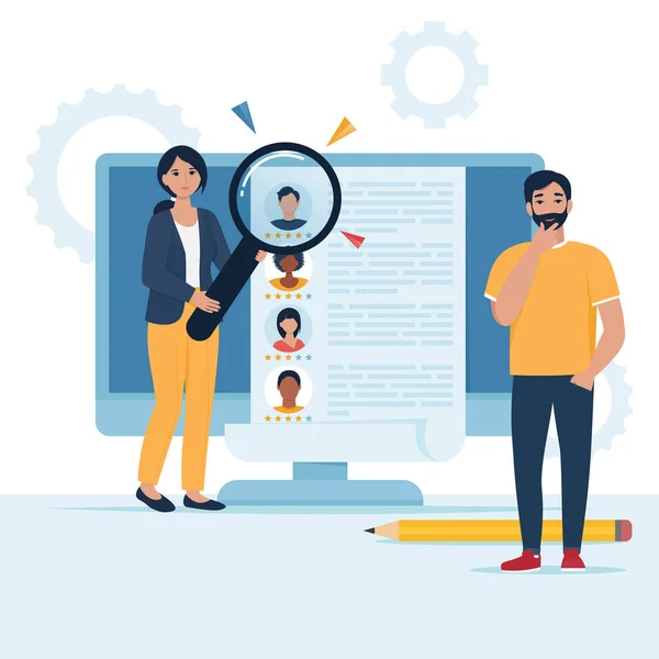 İnsan Kaynakları, Web sayfası, afiş, sunum, sosyal medya, belgeler, kartlar, posterler için işe alım. Genç ekip online çalışan arıyor. Düz biçimli vektör illüstrasyonu