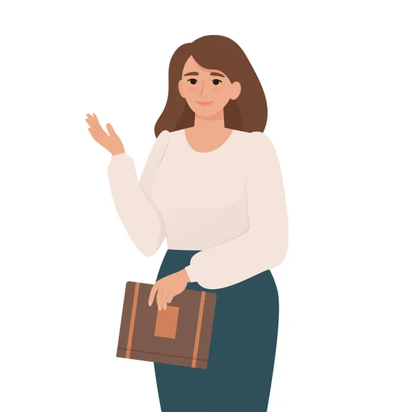 Jeune Secrétaire Femme Affaires Enseignante Pointant Montrant Avec Main Illustration — Image vectorielle