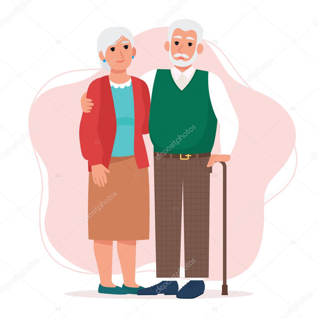 Cute Elderly couple, old man and woman. Happy retirees, grandparents. Vector illustration in flat style