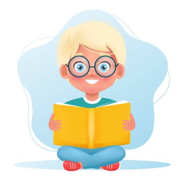 Küçük şirin çocuk kitabı elinde tutuyor. Daha fazla kitap okumak, konsepti öğrenme zamanı. Çizgi film tarzında vektör illüstrasyonu