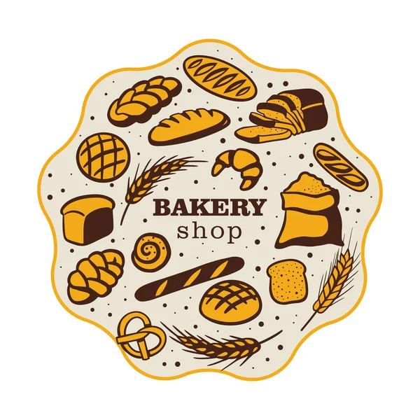 Bakery Shop Label Different Bread Roll Vector Hand Drawn Illustration — Stock Vector