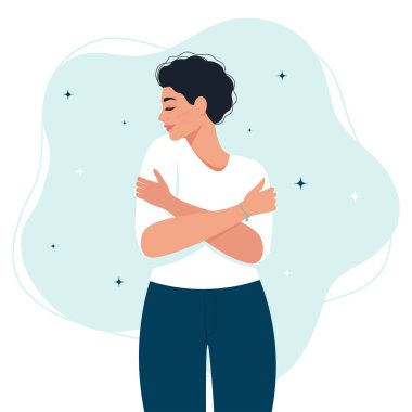 Kadın kendini verir, kendini sev konsepti. Düz biçimli vektör illüstrasyonu