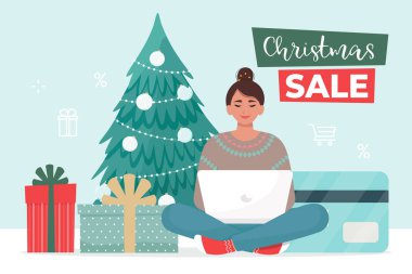 Kadınlar evlerinden online alışveriş yapıyorlar. Yeni yıl ve Noel indirimi afişi. Düz biçimli vektör illüstrasyonu