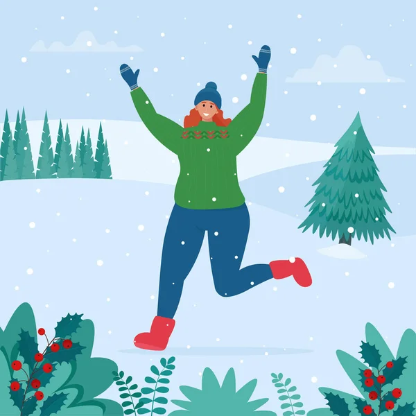 Girl Rejoices Snow Winter Fun Snowy Landscape Cute Vector Illustration — Stock Vector